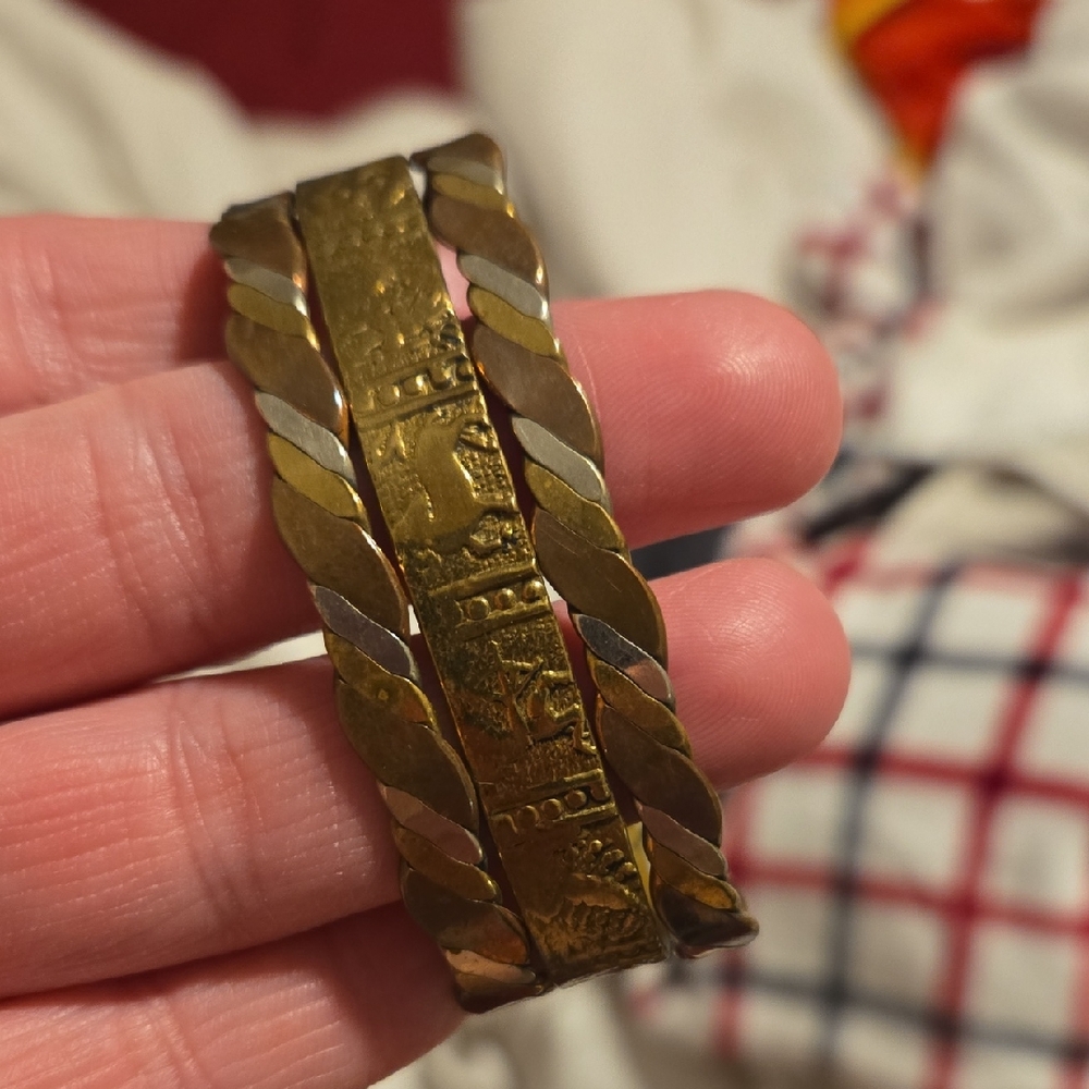 Vintage Mixed Metal Layered Sterling - Copper - Brass Zodiac Cuff Bracelet